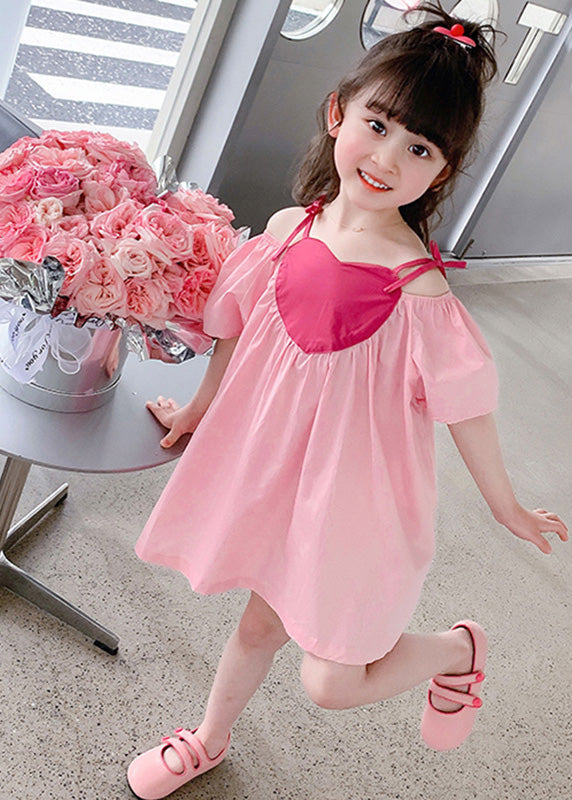 Pink Slash Neck Wrinkled Cotton Slip Mid Dress Sleeveless