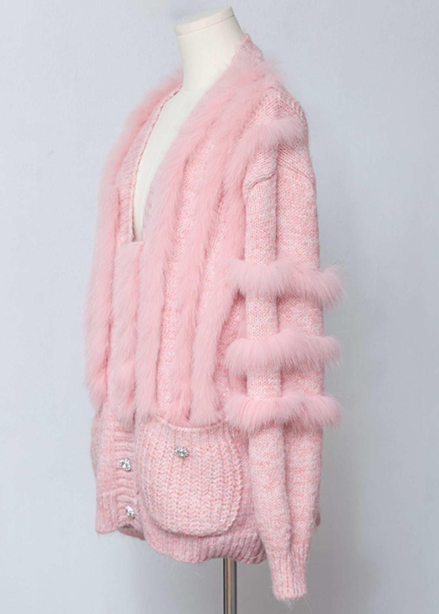 Pink V Neck Fox Fur Patchwork Woolen Cardigans Winter