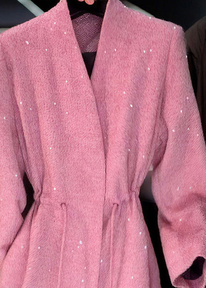 Pink V Neck Sequins Drawstring Coat Spring