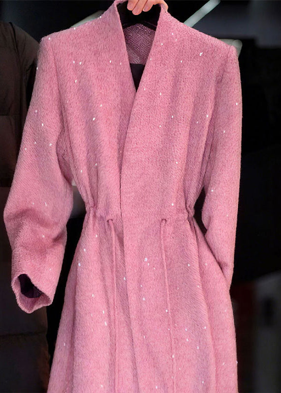 Pink V Neck Sequins Drawstring Coat Spring