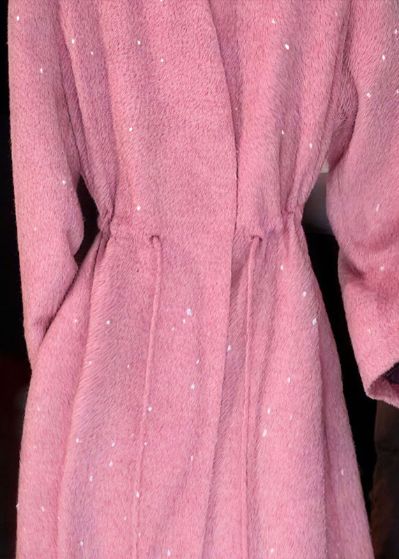 Pink V Neck Sequins Drawstring Coat Spring