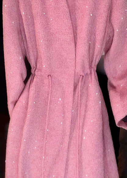 Pink V Neck Sequins Drawstring Coat Spring