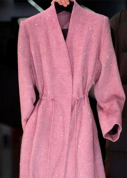 Pink V Neck Sequins Drawstring Coat Spring