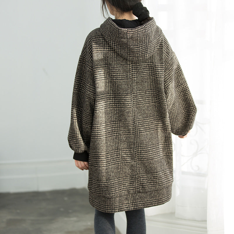 Plaid Cotton Tunics Sweets Shape Hooded Oversized Spring Dresses