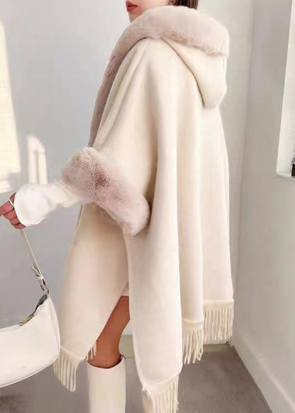 Plaid Hooded Tasseled Patchwork Warm Fleece Cape Coat Half Sleeve