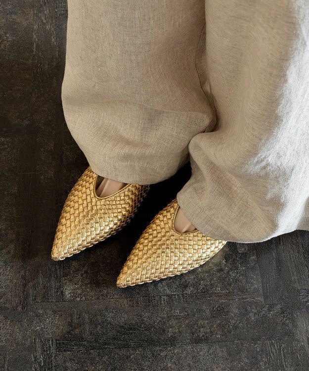Pointed Toe Wedge Shoes Gold Cowhide Leather