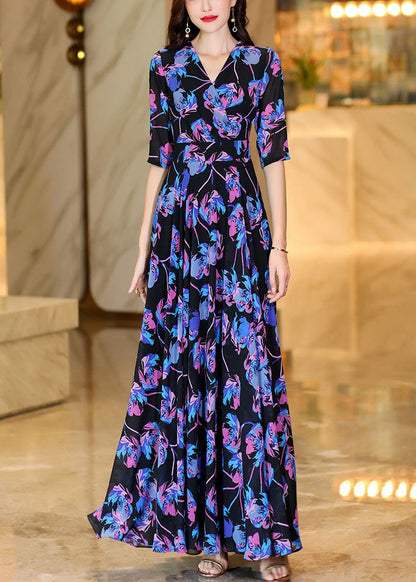 Print High Waist Holiday Chiffon Maxi Dress Half Sleeve