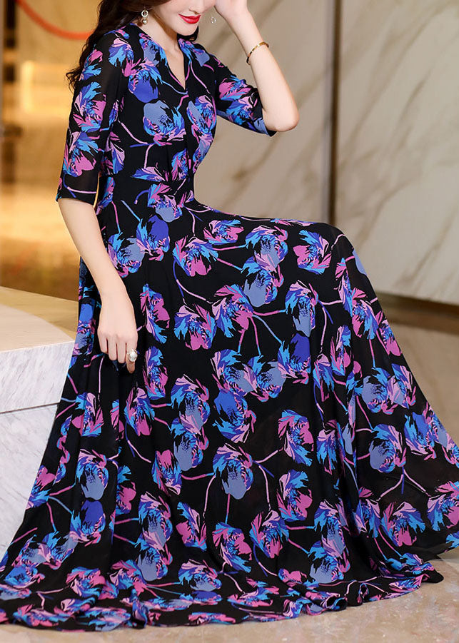 Print High Waist Holiday Chiffon Maxi Dress Half Sleeve