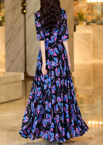 Print High Waist Holiday Chiffon Maxi Dress Half Sleeve