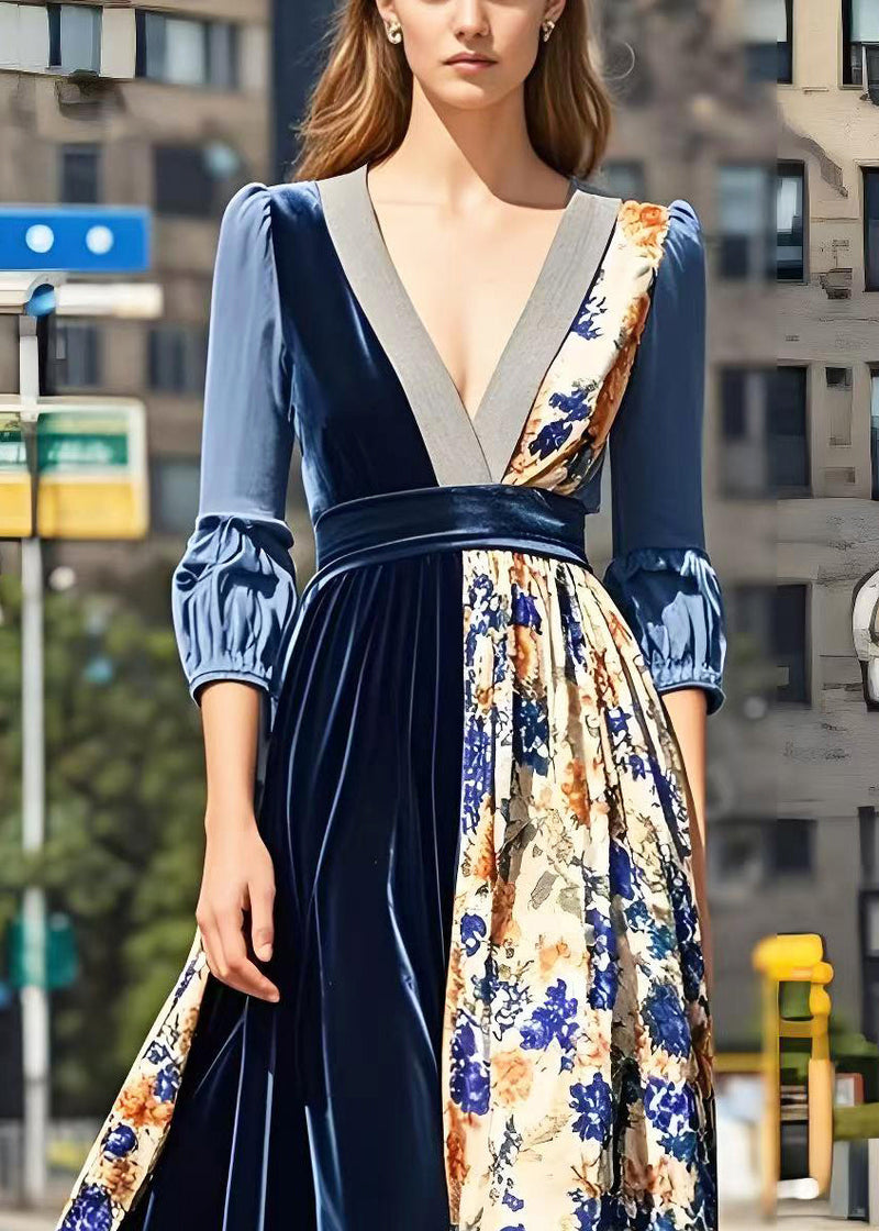 Print Patchwork Exra Large Hem Silk Velvet Long Dresses Spring