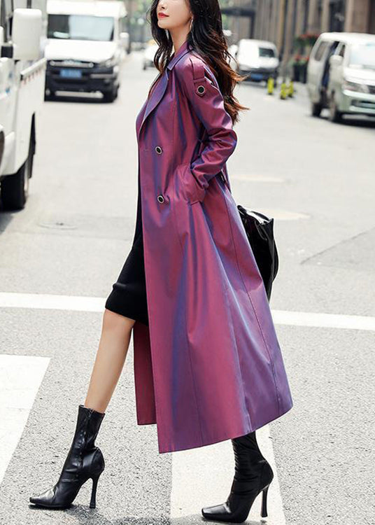 Purple Button Pockets Patchwork Cotton Long Trench Coats Fall