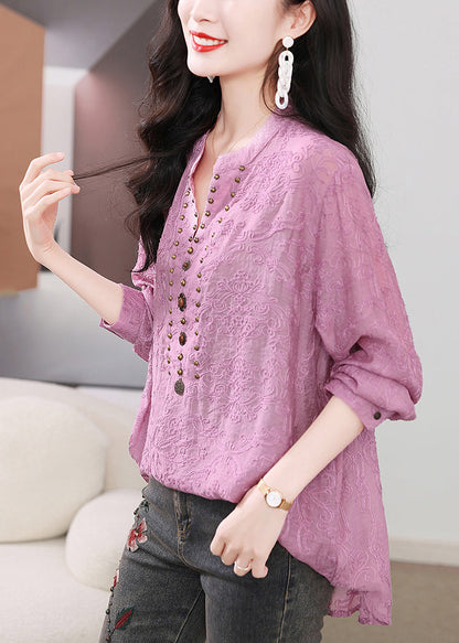 Chic Purple Embroidered Nail Bead Cotton Shirts Long Sleeve