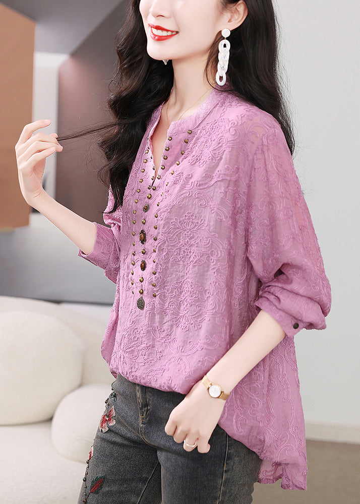 Purple Embroidered Nail Bead Cotton Shirts Long Sleeve