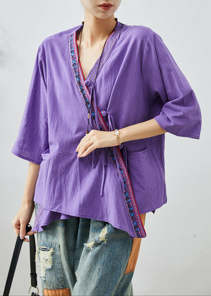 Purple Embroidered Patchwork Cotton Top Summer