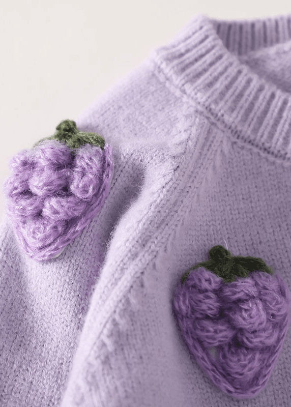 Purple Embroideried Button Cotton Knit Cardigan Spring