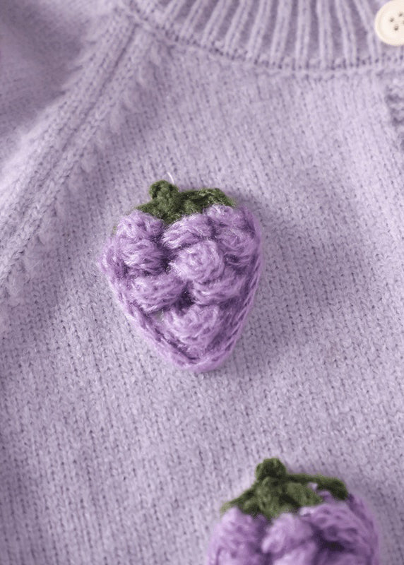 Purple Embroideried Button Cotton Knit Cardigan Spring