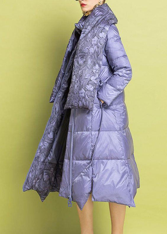 Purple Embroideried Asymmetrical Design Fine Cotton Filled Parkas Winter