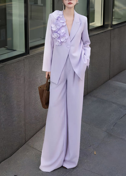 Purple Button Coat and Pants Two Pieces Set Fall