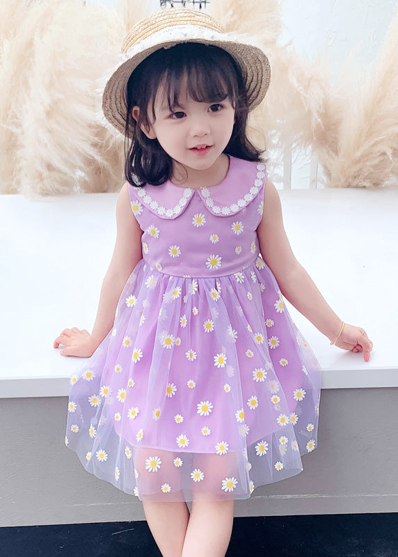 Purple Wrinkled Tulle Kids Party Long Dress Sleeveless