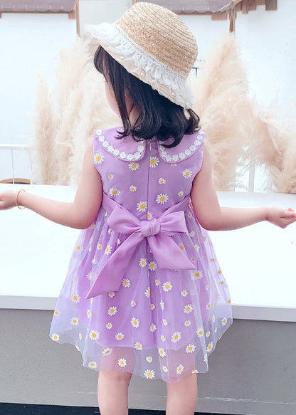 Purple Wrinkled Tulle Kids Party Long Dress Sleeveless