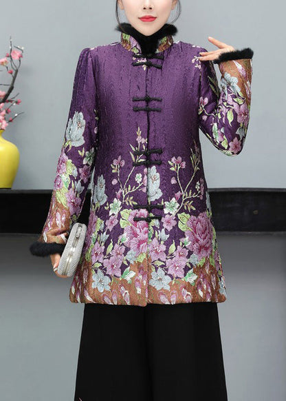 Purple Fur Collar Print Fine Cotton Filled Coat Long Sleeve