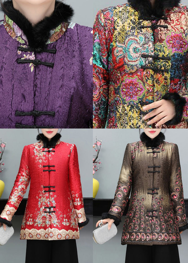 Purple Fur Collar Print Fine Cotton Filled Coat Long Sleeve