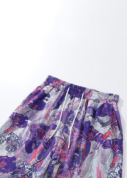 Purple Lace Up Elastic Waist Cotton Summer Shorts