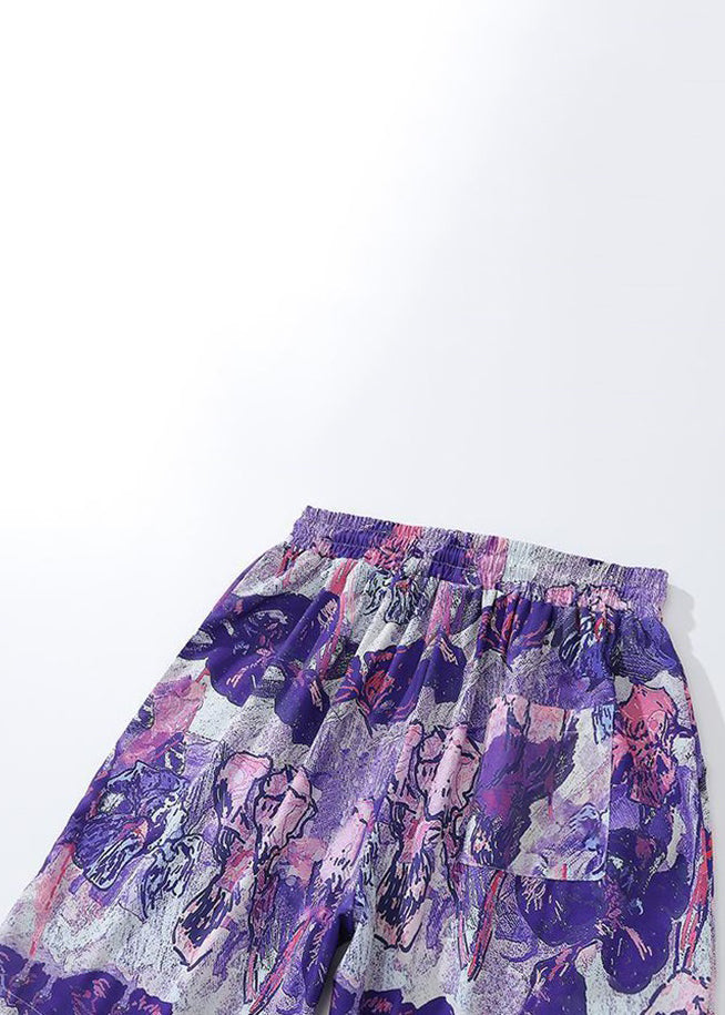 Purple Lace Up Elastic Waist Cotton Summer Shorts