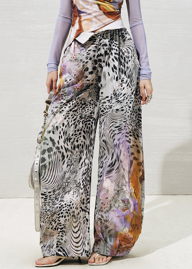 Purple Leopard High Waist Cotton Wide Leg Pants Summer