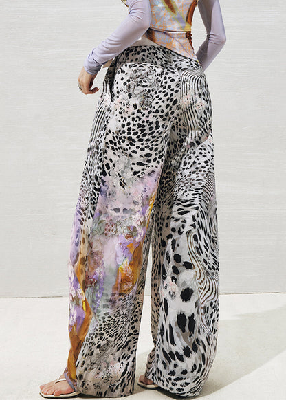 Purple Leopard High Waist Cotton Wide Leg Pants Summer