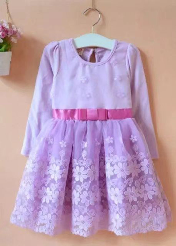 Purple O-neck Embroideried Patchwork Tie Waist Tulle Kids Mid Dress Long Sleeve