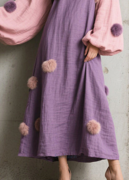 Purple Oversized Patchwork Fuzzy Ball Decorated Long Dress Lantern Sleeve