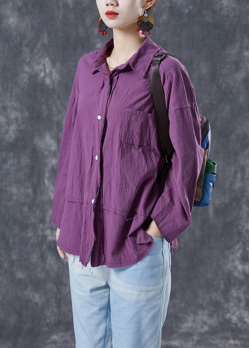 Purple Oversized Patchwork Linen Blouses Summer