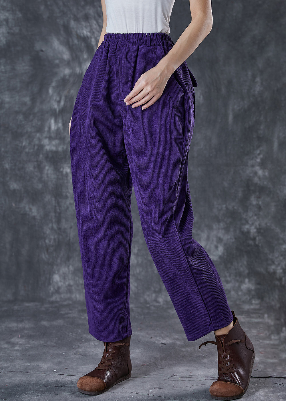 Purple Oversized Pockets Corduroy Harem Pants Spring