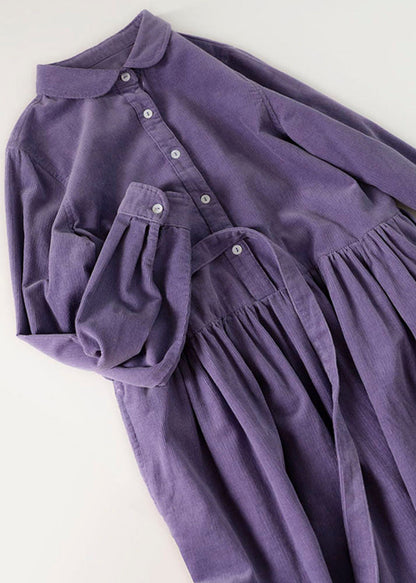 Purple Patchwork Corduroy Shirt Dresses Long Sleeve