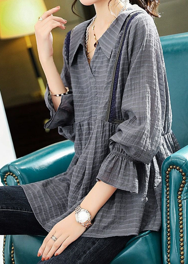 Purple Peter Pan Collar Lace Patchwork Cotton Shirts Long Sleeve