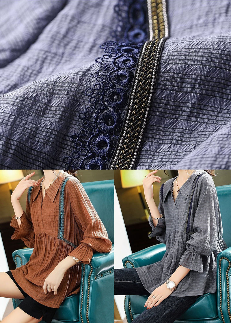 Purple Peter Pan Collar Lace Patchwork Cotton Shirts Long Sleeve