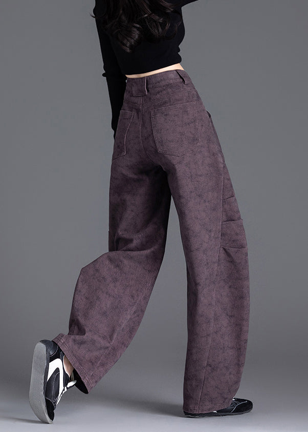 Purple Pockets Print Wrinkled Denim Pants Spring