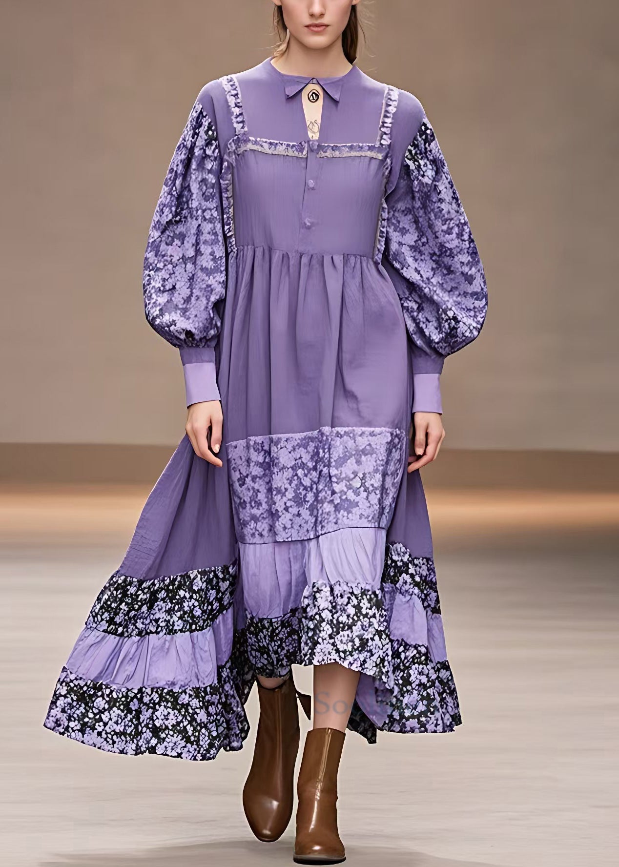 Purple Print Patchwork Cotton Maxi Dresses Long Sleeve