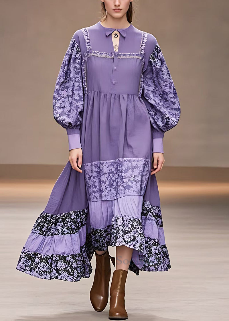 Purple Print Patchwork Cotton Maxi Dresses Long Sleeve