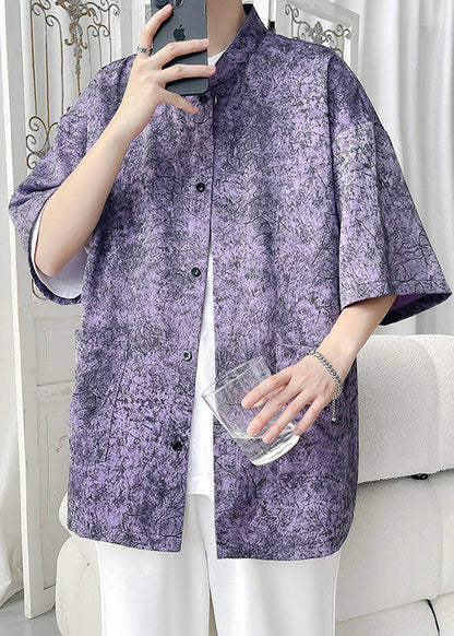 Purple Print Pockets Ice Silk Shirt Half Sleeve