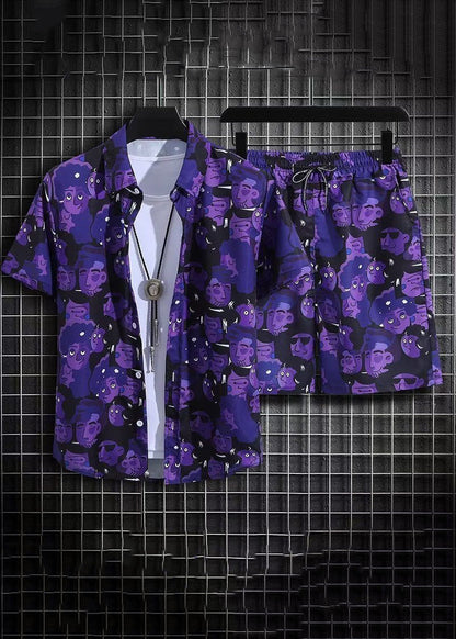 Purple Print Shirt and Shorts Ice Silk Two Pieces Set Summer