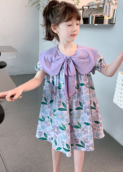 Purple Print Wrinkled Patchwork Cotton Baby Dress Summer