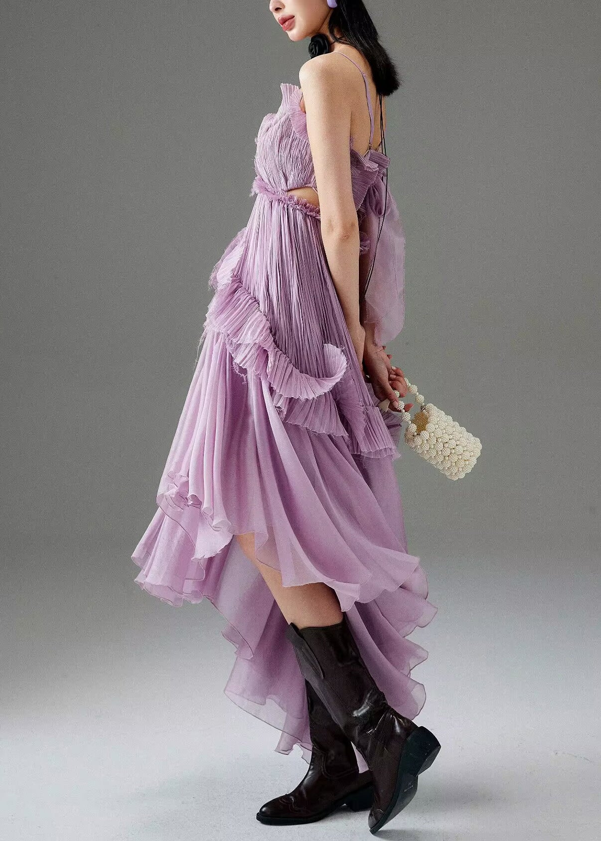 Purple Ruffled Low High Design Chiffon Spaghetti Strap Dress Sleeveless