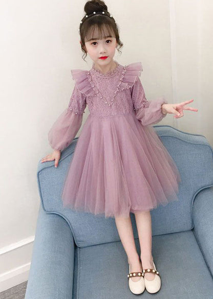 Purple Ruffled Nail Bead Patchwork Tulle Kids Dresses Fall