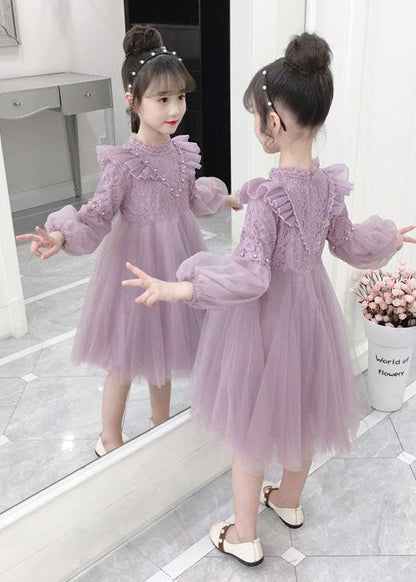 Purple Ruffled Nail Bead Patchwork Tulle Kids Dresses Fall