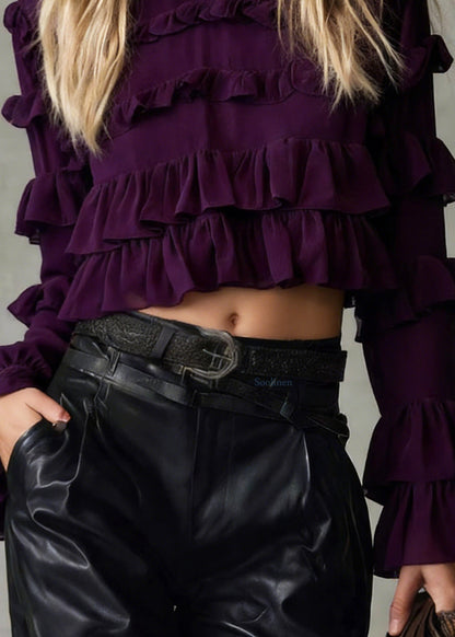 Chic Purple Ruffled Patchwork Chiffon Blouse Tops Spring