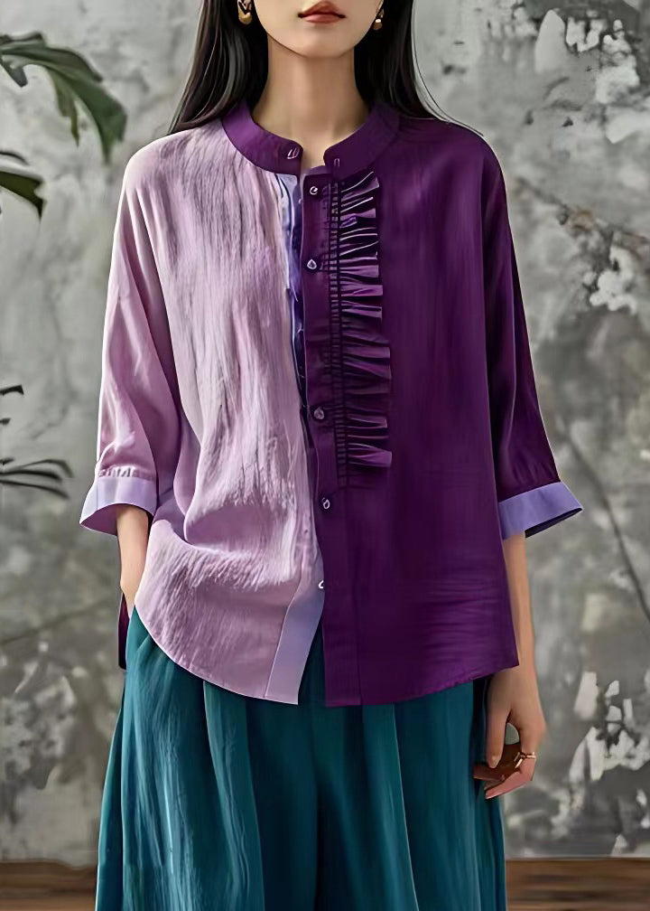 Purple Stand Collar Button Tops Fall