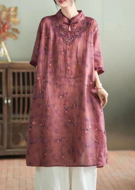 Purple Stand Collar Embroideried Button Linen Long Dress Half Sleeve
