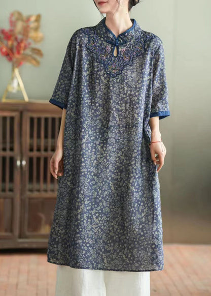 Purple Stand Collar Embroideried Button Linen Long Dress Half Sleeve